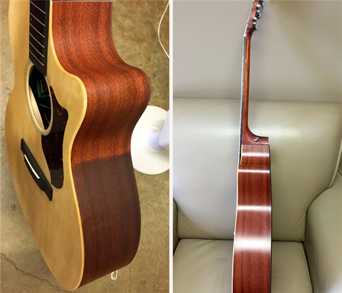 Before and after fire damage restoration of a guitar.