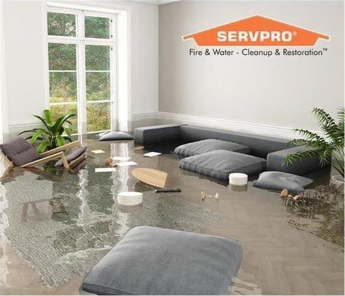 A flooded living room can be mitigated with SERVPRO.